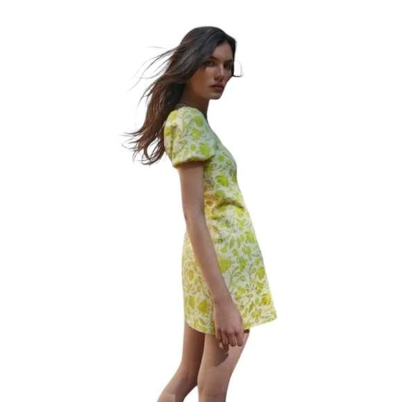 Zara Jacquard Knit Floral Puff Sleeve Mini Dress Citrus Yellow Green Size S - Picture 12 of 13